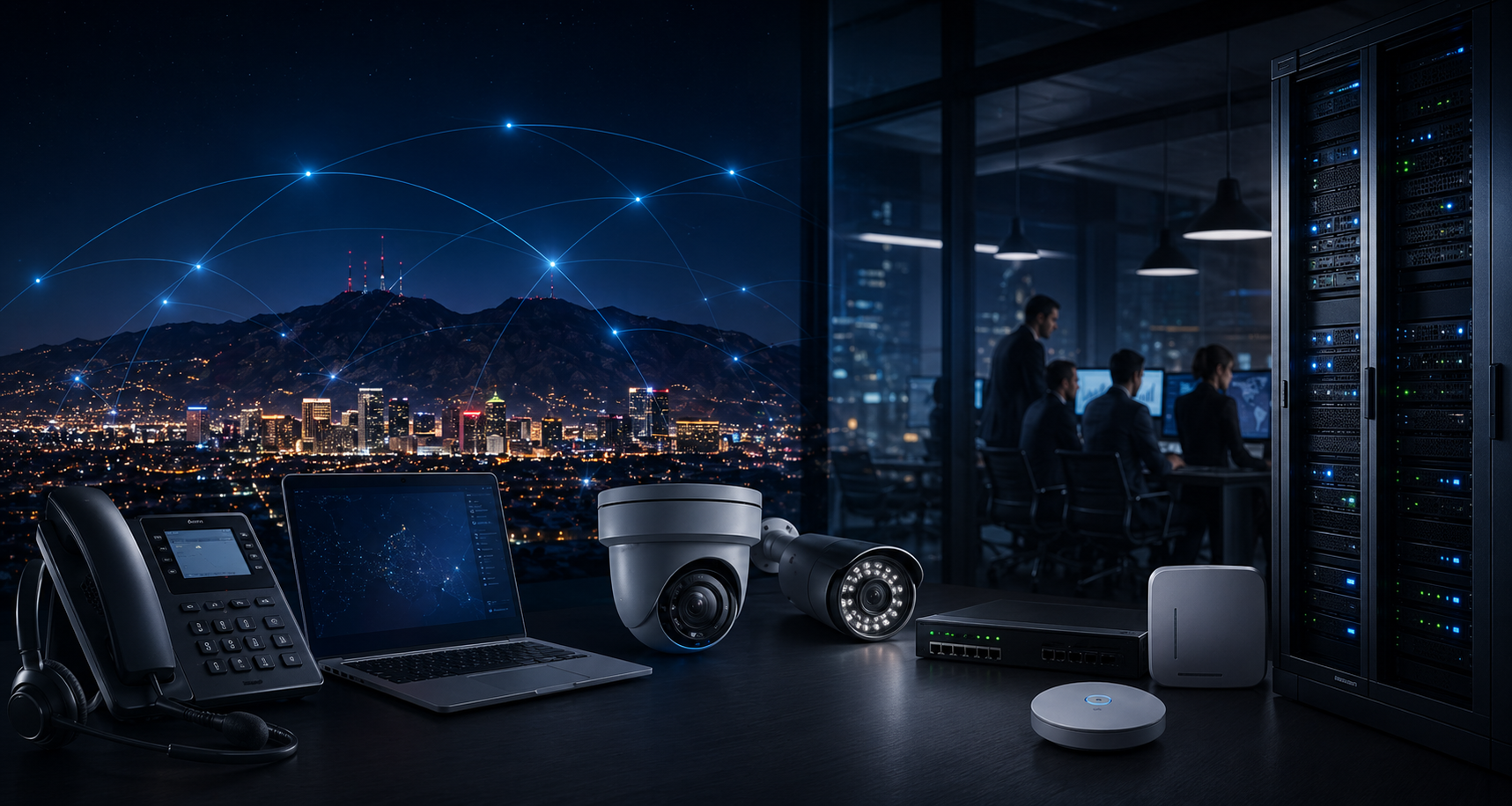 Custom bundles hero image showing internet, phones, security cameras, and business technology in one coordinated setup.