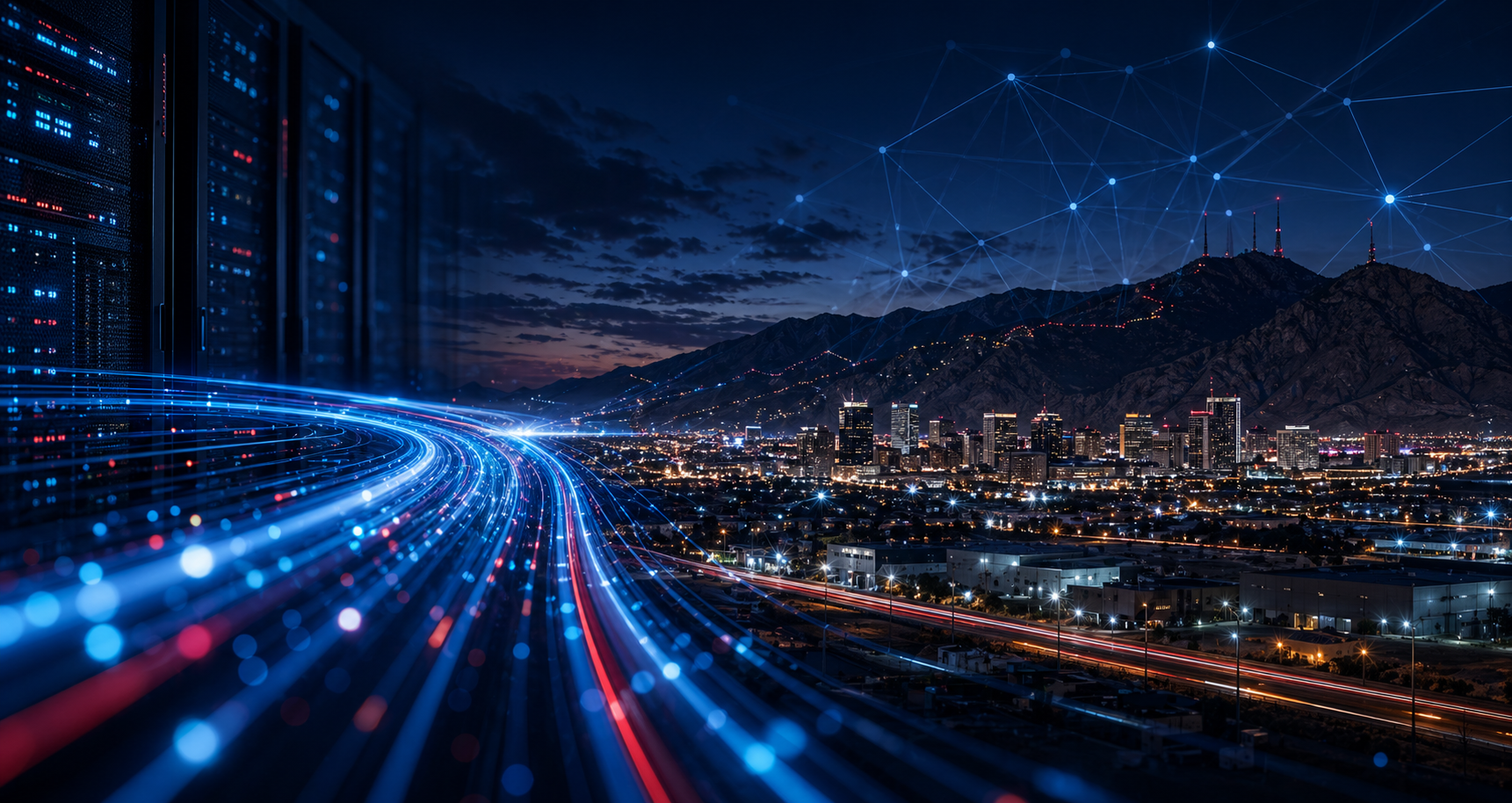 Custom business internet hero image with fiber data trails, El Paso skyline, and connected network infrastructure.