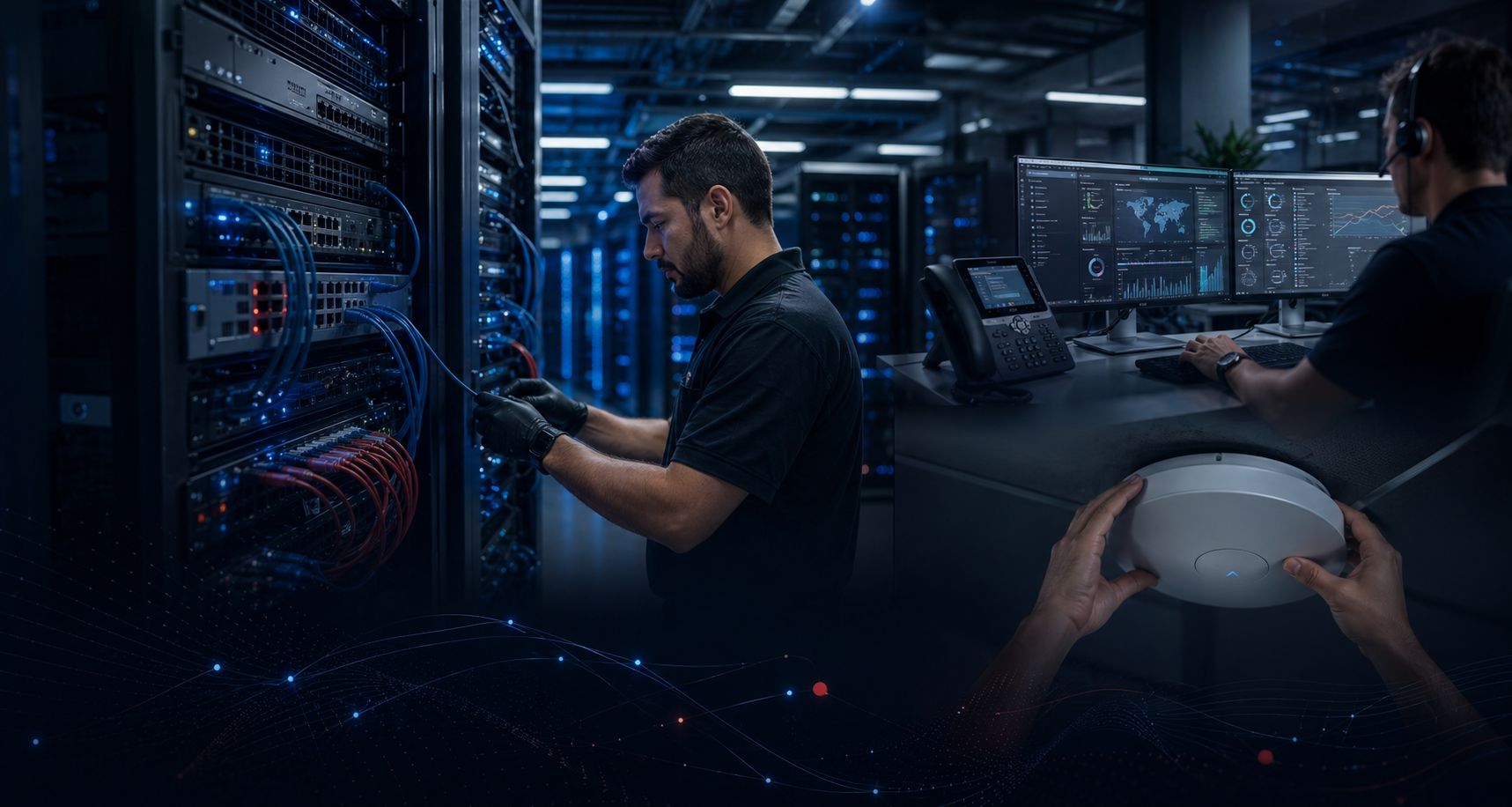 Custom IT services hero image with technician in a server room, operations dashboard, and wireless access point installation.