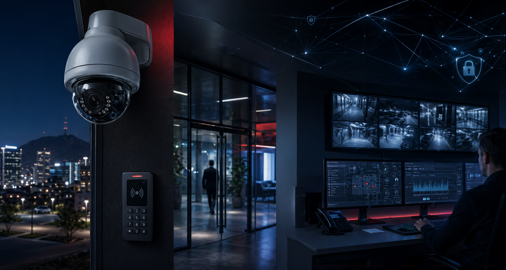 Custom security systems hero image with CCTV dome camera, access keypad, and live monitoring control room.